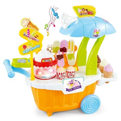 Insten Mini 43 Pieces Sweets & Ice Cream Cart Shop Playset, Pretend Supermarket Food Toys for Kids, Orange 15x14 in