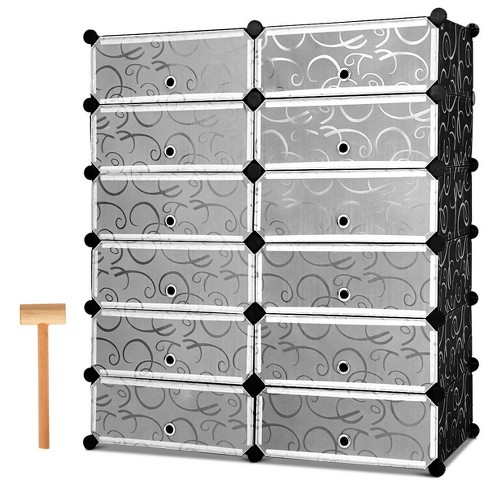 12-Cube 48 Pairs Portable Shoe Shelves with Hook-Black | Costway