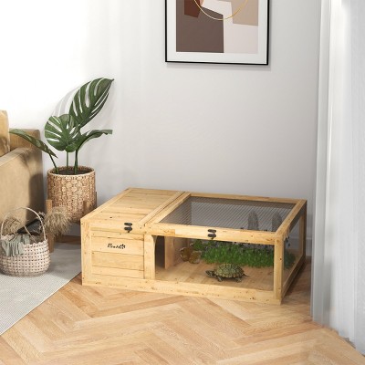 LAOTIES Wooden Turtle Habitat,Indoor Outdoor Tortoise House,35'' Large Reptile Enclosure with Hide Area,Mesh Roof And Viewing Windows