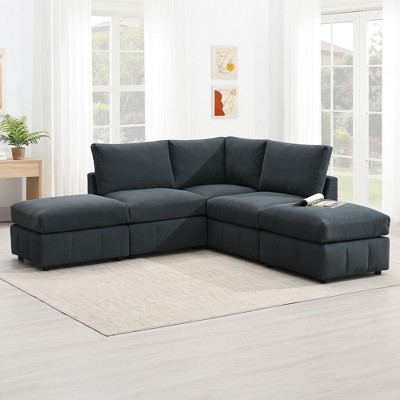 93"W 5-Seater Down Filled Upholstered Sectional Sofa Set with Convertible Ottomans, White/ Dark Grey, 4A -ModernLuxe