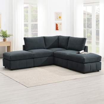93"W 5-Seater Down Filled Upholstered Sectional Sofa Set with Convertible Ottomans, White/ Dark Grey, 4A -ModernLuxe