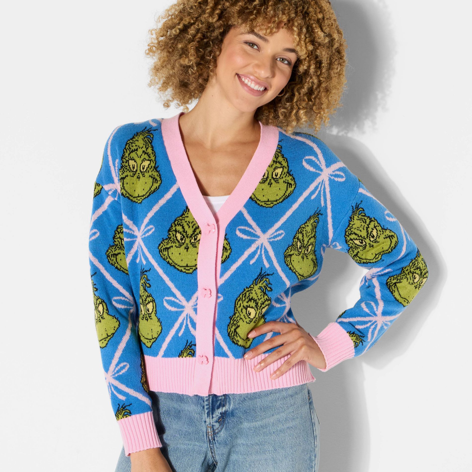 Women's Grinch Festive Graphic Cardigan - Blue