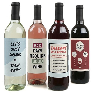 Big Dot of Happiness Therapy in a Bottle - Rough Day Decorations for Women and Men - Wine Bottle Label Stickers - Set of 4