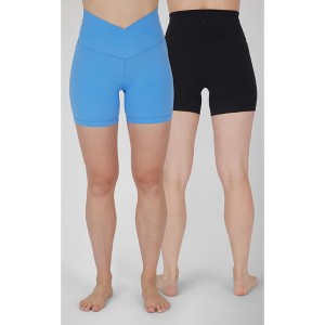 Yogalicious Womens 2 Pack Lux Crossover Front V-Back Elastic Free High Waist 5" Bike Short and Lux Everyday Elastic Free High Waist 5" Bike Short - 1 of 4