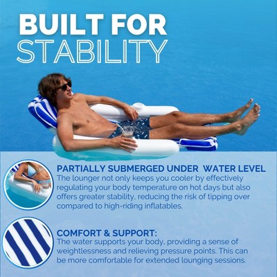 Blue and White Striped Padded Floating Pool Lounger with Cup Holders