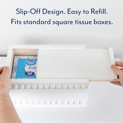 White Beaded Rectangular Paulownia Wood Tissue Box Cover