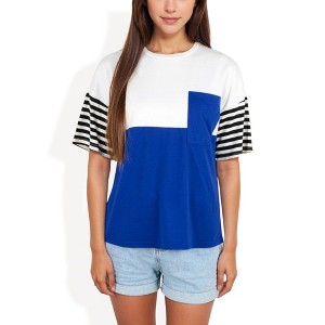 Anna-Kaci Women's Color Block T-Shirt with Striped Sleeves and Front Pocket Detail - 1 of 4