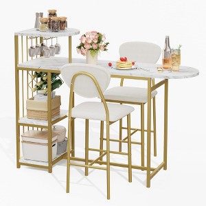 GustoWave Expandable Bar Table and Chairs Set with Storage Shelves and Wine Rack, Small Kitchen Dining Set for Living Room, Marble Gold - 1 of 4