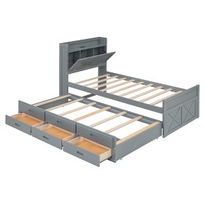 KTMBDW Bed Frame with Bookcase Storage Headboard, Charging Station, Wooden Bed Frame with Trundle, No Box Spring Needed - 1 of 4
