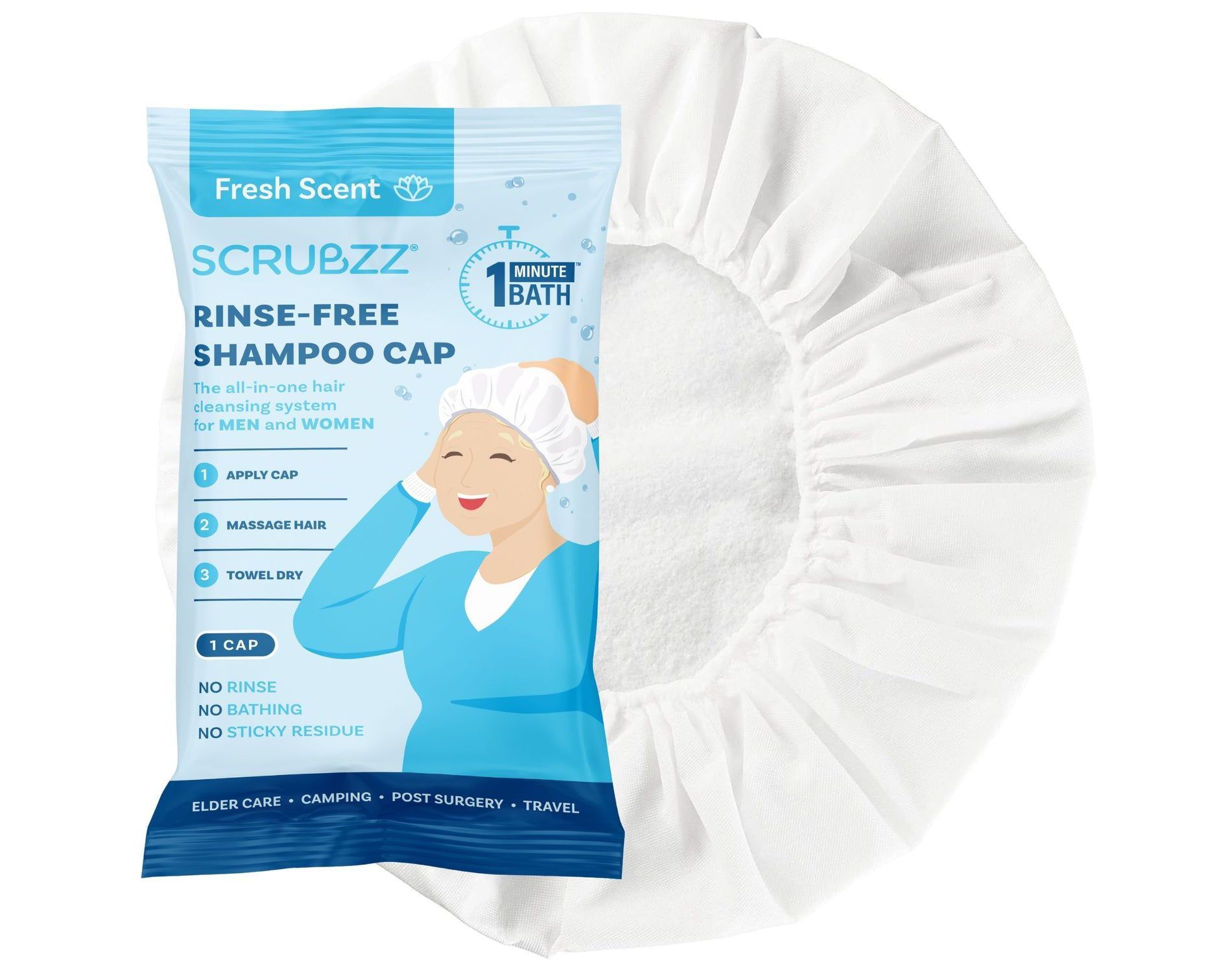 Shampoo Cap No Rinse for Elderly and Bedridden Patients - Fresh Scent, 1 Pack