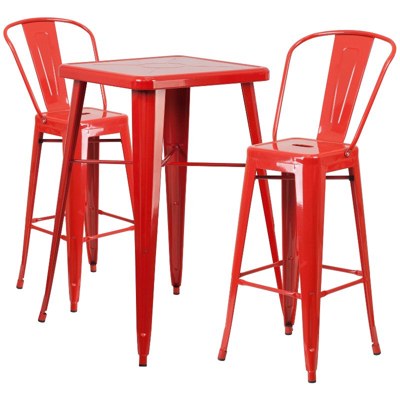 Flash Furniture Commercial Grade 23.75" Square Metal Indoor-Outdoor Bar Table Set with 2 Stools with Backs, 1 of 5