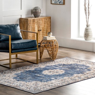 Ren Blue Vintage Floral Machine Washable Area Rug 5' x 8'