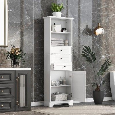 67.3 in. White Tall Storage Cabinet with 3 Drawers and Adjustable Shelves for Bathroom, Study, Office and Interior