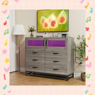 Garvee Modern Dresser for Bedroom with 6 Drawers & 2-Door Storage Cabinet ¨C Multi-Functional TV Stand with LED Lights & Charging Station, Pink