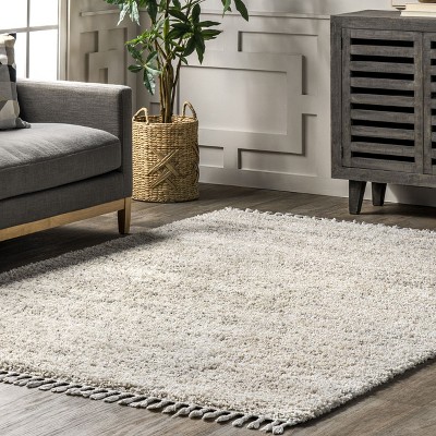 Ivory Plush Braided Tassel Shag Area Rug, 6'7" x 9'