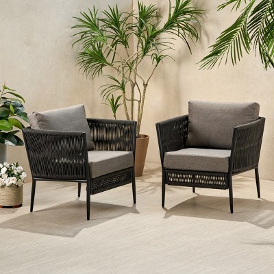 Patio Rope Club Chairs Set Of 2,Patio Arm Chairs  With Square Cushions And Metal Frame,Outdoor Woven Rope Backrest Kitchen Chair-Coolbibila