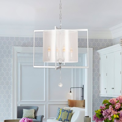 PAKOKULA Modern 4-Light Silver Square Frame Pendant Chandelier with Inlaid White Drum Fabric Shade for Kitchen Island
