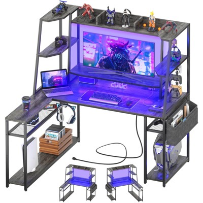 Aheaplus L Shaped Desk with LED Lights & Charging Station, Corner Desk with Hutch & Shelves