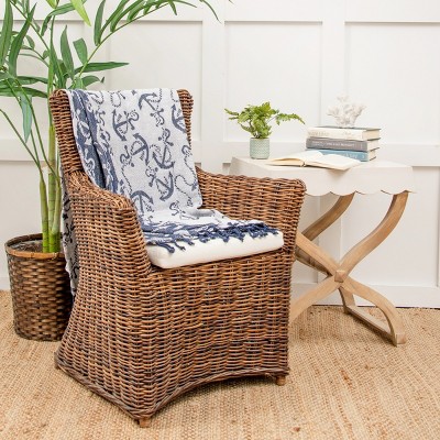 Navy and White Cotton Nautical Anchor Throw Blanket with Fringe