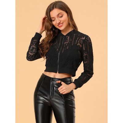 INSPIRE CHIC Women's Stand Collar Zip Up Mesh Sheer Lace Bomber Jacket Medium Black — фото 4
