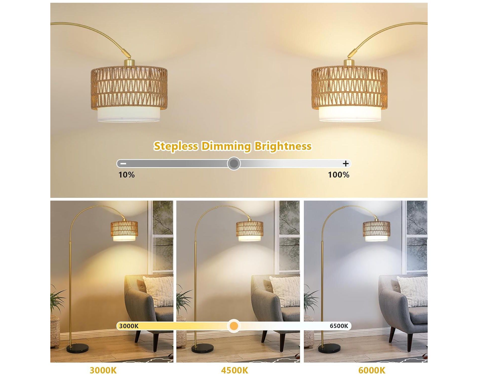 GDFStudio Seli Bohemian Arc Floor Lamp with Rattan Fabric Shades, Dimmable Bulb and Adjustable Height, Gold