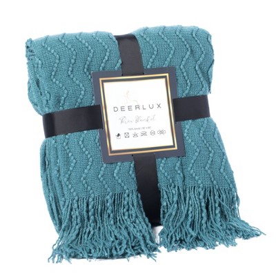 Blue Chevron Pattern Knit Throw Blanket with Fringe