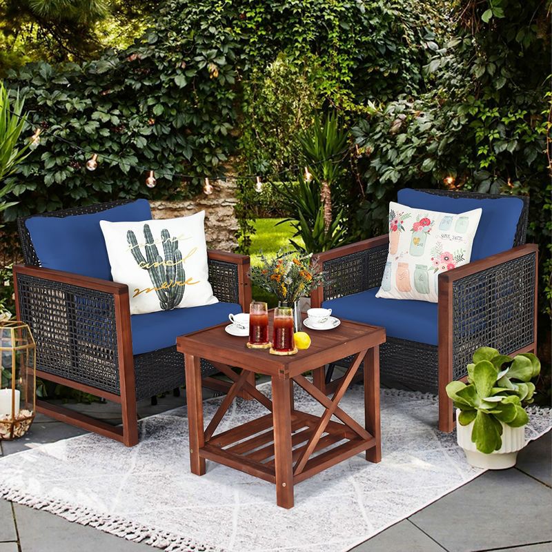 Costway 3PCS Patio Wicker Furniture Set Solid Wood Frame Cushion Sofa w/ Square Table Shelf, 3 of 11