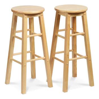 PJ Wood Classic Round-Seat 29 Inch Tall Kitchen Counter Stools for Homes, Dining Spaces, and Bars with Backless Seats, Square Legs, Natural, Set of 2