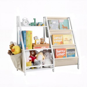 VEVOR 3Tier Kids Bookshelf,Toy Storage Organizer for Toddler,Book Shelf for Kids Rooms with Sling Book Rack and Storage Bag,Storage Book Shelves,White - 1 of 4
