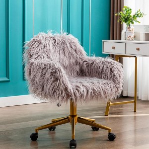 QingMoon Fluffy Office Chair, Adjustable Desk Chair, Faux Fur Computer Chair, Swivel Vanity Chair with Chrome Base for Living Room, Study - 1 of 4