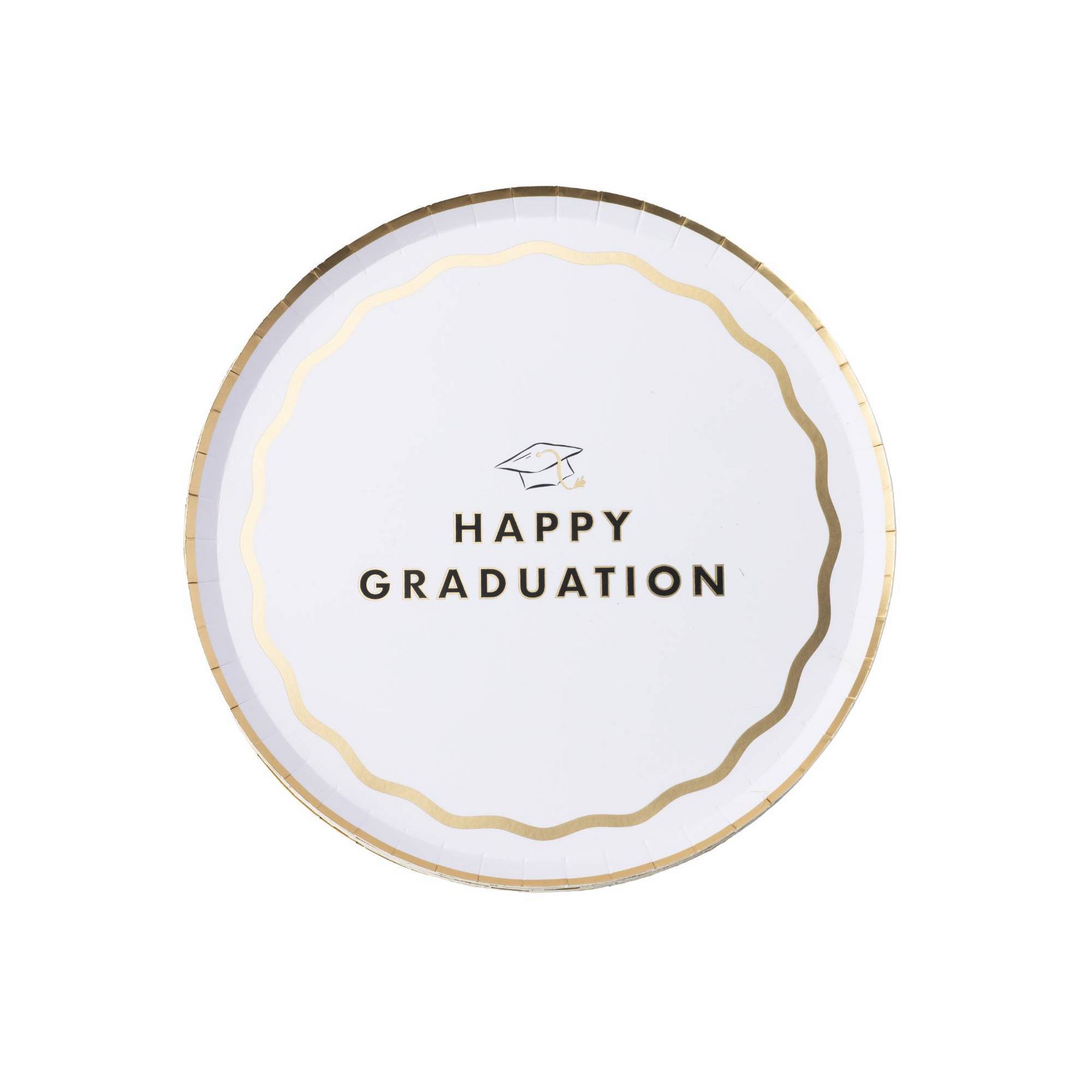 Bonjour Fete 12ct Happy Graduation Snack Paper Plates White and Gold
