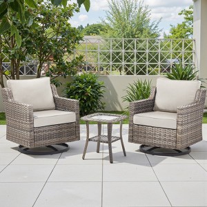 Buenhomino 3PC Patio Furniture Set - Swivel Rocker Chair Bistro Set with Rattan Side Table,Gray Wicker Blue Cushion - 1 of 4