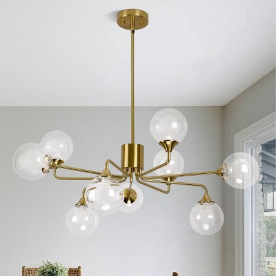 PAKOKULA Modern 9-Light Gold Branch Sputnik Chandelier with Clear Globe Glass Shades for Living Room