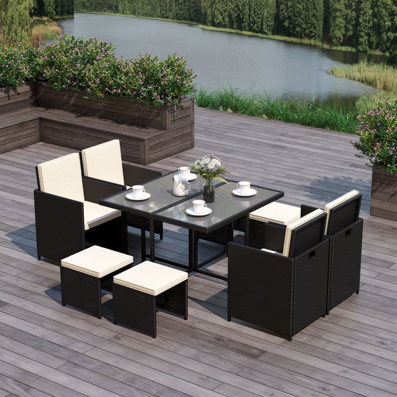 Outsunny 9 Pieces Patio Wicker Dining Sets, Space Saving Outdoor Sectional Conversation Set, with Dining Table and Chair & Cushioned for Lawn Garden Backyard, 2 of 9