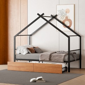 Full/Twin Size House-Shaped Metal Platform Bed Frame with Twin Size Trundle Bed/ Drawers 4S -ModernLuxe - 1 of 4