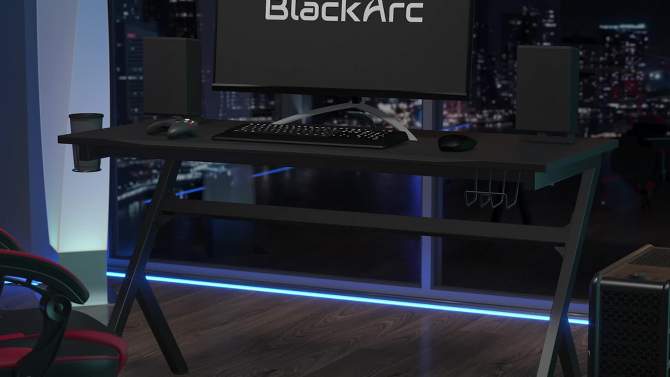 BlackArc Black Gaming Desk Featuring Detachable Cupholder/Headphone Hook, Two Cable Management Holes & Removable Mousepad Top, 2 of 11, play video