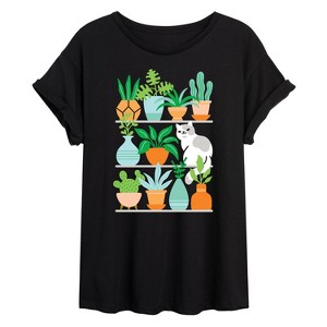 Women's - Instant Message - Succulents Cat on Shelves Oversized Graphic T-Shirt - 1 of 4