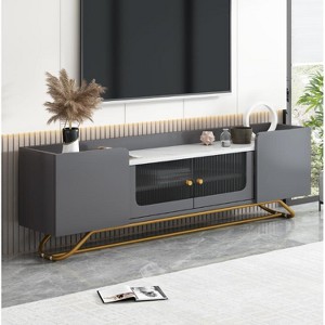 Particle Board TV Stand - Stylish Modern Entertainment Center with Grooved Glass, Faux Marble Top & Gold Frame - 1 of 1