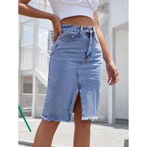 Women's Denim Midi Skirt with High Slit - A-Line Stretch Jean Skirt - 1 of 4