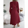 Women Fall Casual Pleated Long Sleeve Maxi Dress V Neck Button Boho Flowy Swing A Line Long Dress with Belt - 4 of 4