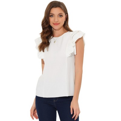 Allegra K Women s Ruffle Round Neck Cap Sleeve Tops White Small Target