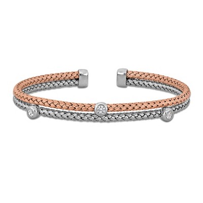 EVERLY JEWELRY | Two-Tone Silver 3/5 CT TGW 3-Station Cubic Zirconia 2 Row 5.5mm Stretch Braided Bangle