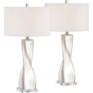 Possini Euro Design Oirin 32 1/4" Tall Large Modern Luxe End Table Lamps Set of 2 Crackle Silver Finish Mercury Glass White Shade Living Room Bedroom - 1 of 4