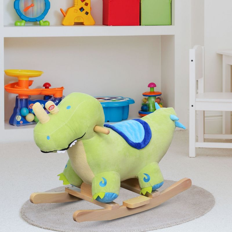Qaba Kids Plush Ride-On Rocking Horse Toy Dinosaur Ride on Rocker Green with Realistic Sounds, 3 of 8