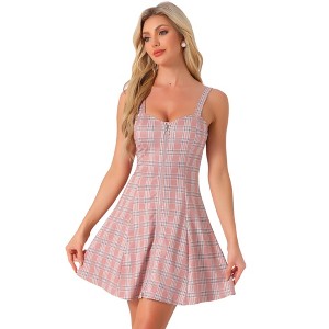 Allegra K Women's Plaid Zipper Front Strap Sleeveless Mini Party A-Line Dress - 1 of 4