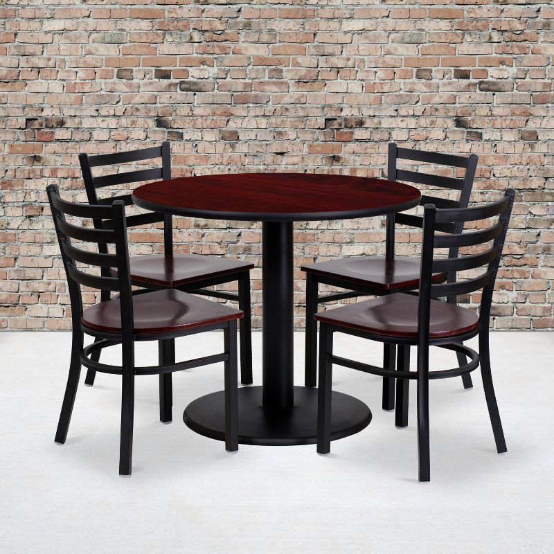 Flash Furniture 36'' Round Mahogany Laminate Table Set with 4 Ladder Back Metal Chairs - Mahogany Wood Seat, 2 of 3