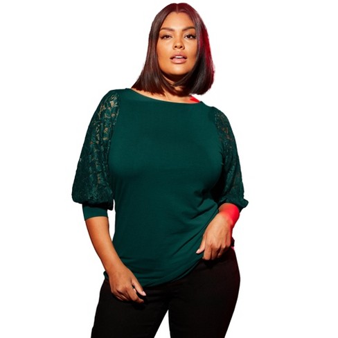 June + Vie By Roaman's Women's Plus Size Lace-trim Boatneck Top, 10/12 -  Emerald Green : Target