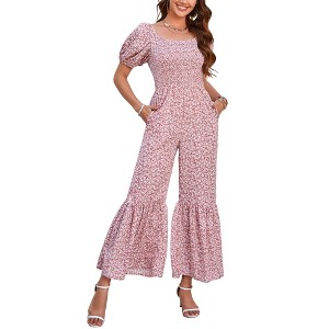 Clearlove Summer Jumpsuits for Women 2025 Floral Dressy Casual Loose Wide Leg Short Sleeve One Piece Romper Outfits - 1 of 4