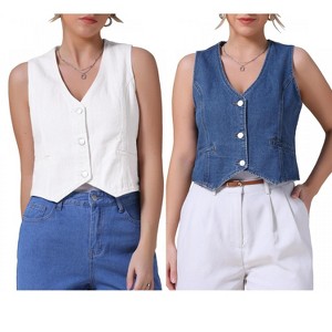 INSPIRE CHIC Women's Sleeveless V Neck Button Down Jean Crop Denim Tank Tops 2 Packs - 1 of 4