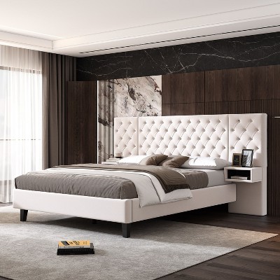 NicBex Queen/King Upholstered Bed Frame with Velvet Diamond Tufted Headboard,Platform Bed Frame with 2 Nightstands,No Box Spring Needed,Easy Assembly